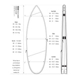 ROAM Boardbag Surfboard Tech Bag Doppel Short, schwarze Tasche mit technischen Maßangaben und Größentabelle, Seitenansicht