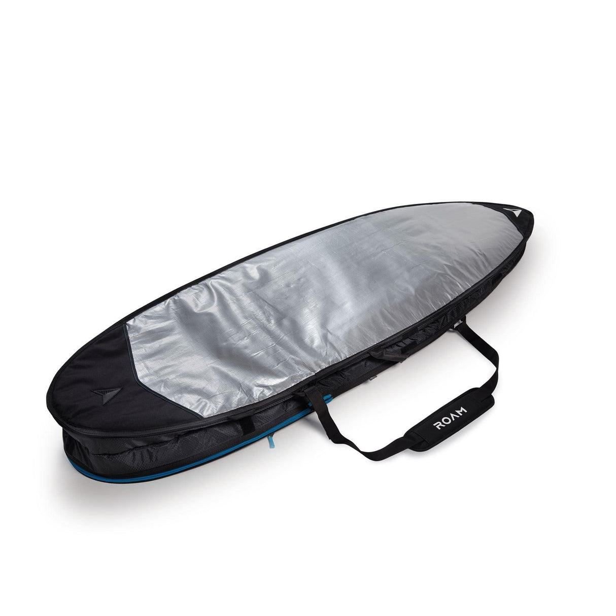 ROAM Boardbag Doppel Short Surfboard Tech Bag schwarz mit silberner Innenseite und Tragegriff, geöffnet