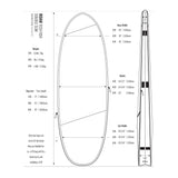 ROAM Surfboard Tech Bag Doppel Fish Transporttasche mit Größenangaben und Spezifikationen, technische Zeichnung, Seitenansicht