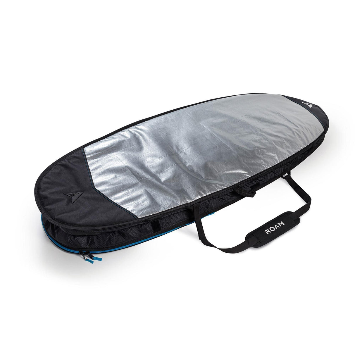 ROAM Surfboard Tech Bag Doppel Fun in Schwarz mit silberner Innenseite, Transporttasche für zwei Surfbretter, seitliche Ansicht