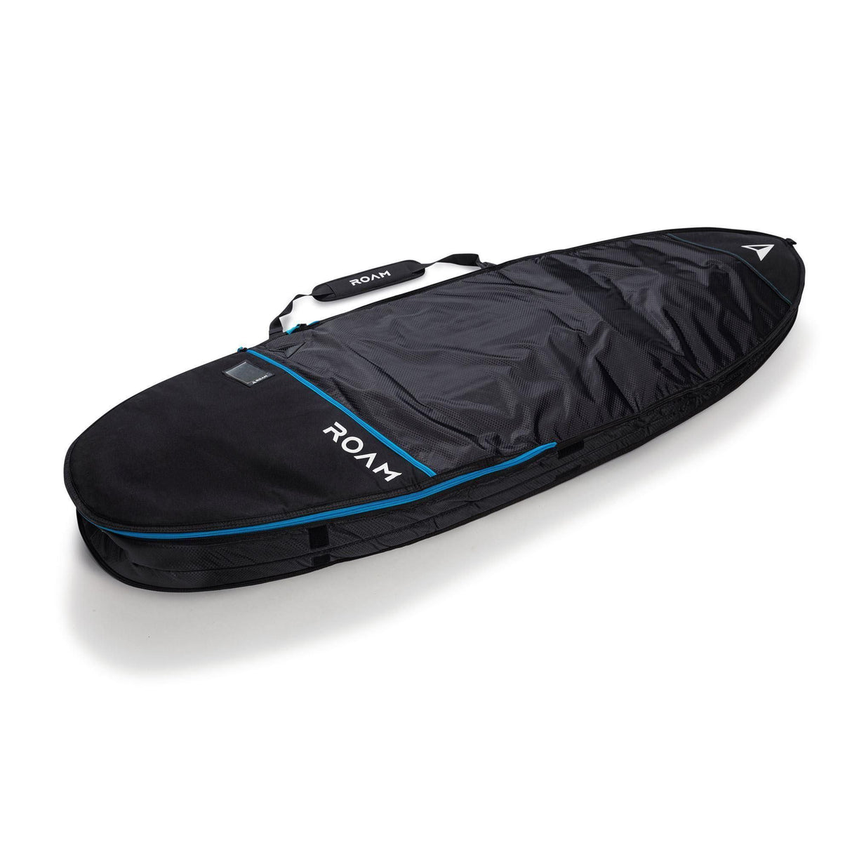 ROAM Surfboard Tech Bag Doppel Fun, schwarze Schutztasche mit blauem Reißverschluss und ROAM-Logo, Seitenperspektive