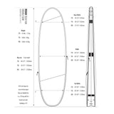 ROAM Surfboard Tech Bag Doppel Fun, schwarze Schutztasche mit technischen Maßangaben und Größenoptionen, technische Zeichnung mit Draufsicht und Seitenansicht
