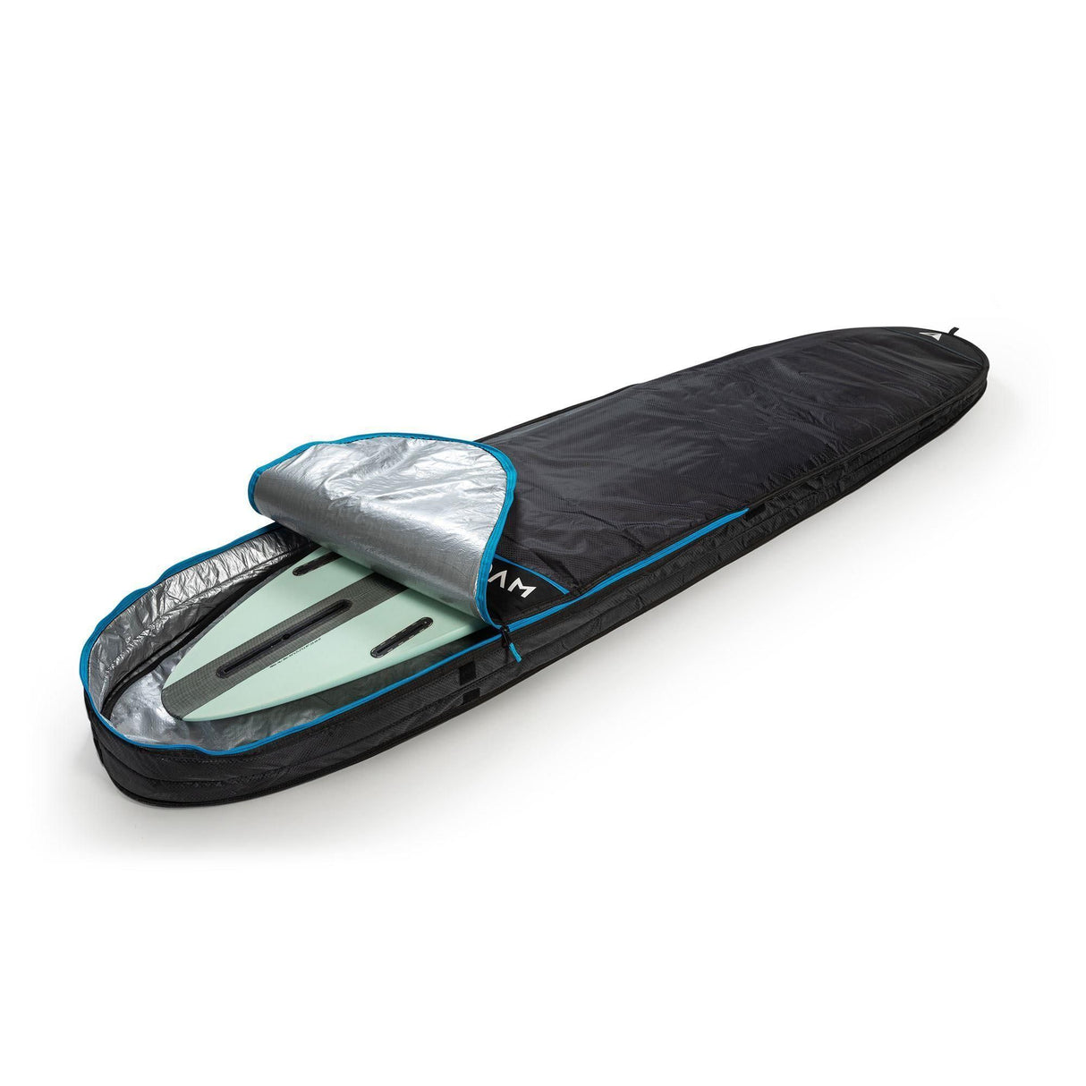 ROAM Surfboard Tech Bag Doppel Long schwarz mit blauem Reißverschluss, Schutzpolsterung für zwei Surfboards, Seitenansicht