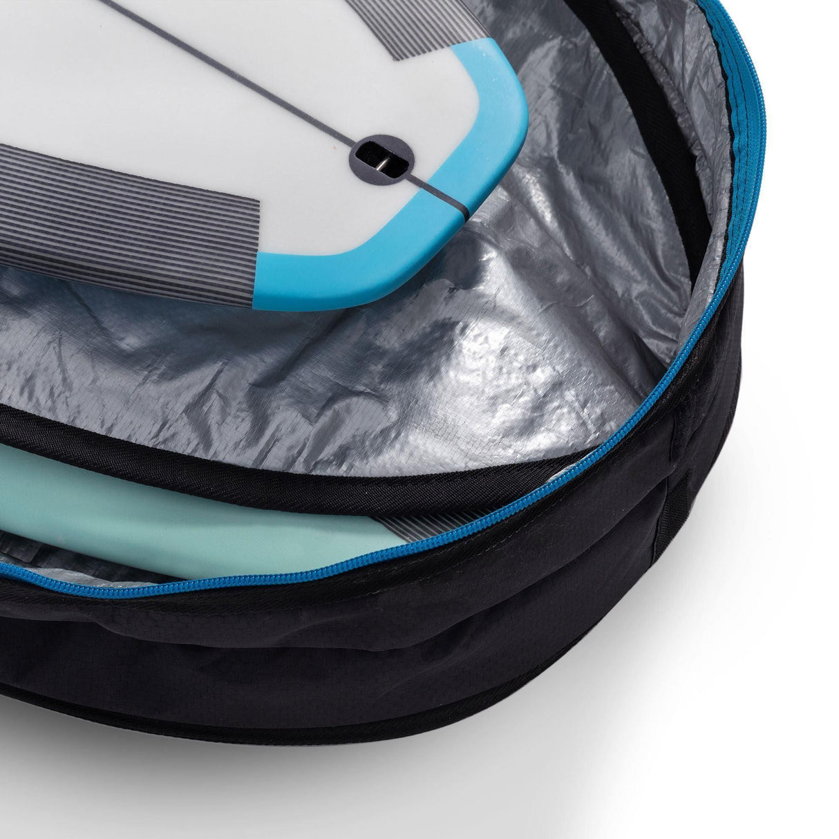 ROAM Surfboard Tech Bag Doppel Long mit Schaumstoffpolsterung und blauem Reißverschluss, Detailansicht des Innenfachs