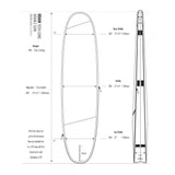ROAM Surfboard Tech Bag Doppel Long Tragetasche mit Maßangaben und Gewichtsangaben, technische Zeichnung Vorderansicht und Seitenansicht