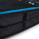 ROAM Surfboard Tech Bag Doppel Long, schwarz mit blauem Reißverschluss, Detailansicht der Polsterung und Trennfächer
