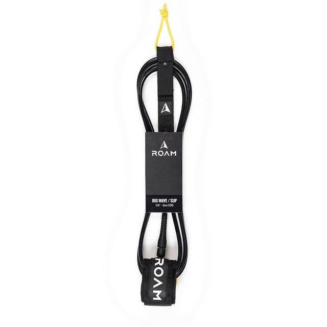 ROAM Surfboard Leash Big Wave, schwarzes Neopren-Leash mit gelbem Loop und ROAM-Branding, Frontalansicht