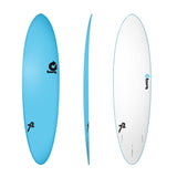 Torq Softboard Funboard in Blau und Weiß, Draufsicht und Seitenansicht, weiches Surfboard mit abgerundeter Form