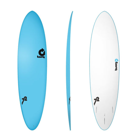 Torq Softboard Funboard in Blau und Weiß, Draufsicht und Seitenansicht, weiches Surfboard mit abgerundeter Form