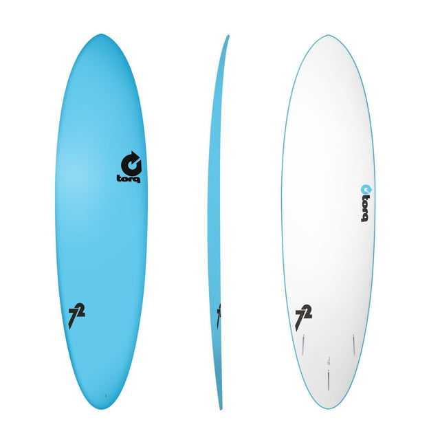 Torq Softboard Funboard in Blau und Weiß, Draufsicht und Seitenansicht, weiches Surfboard mit abgerundeter Form