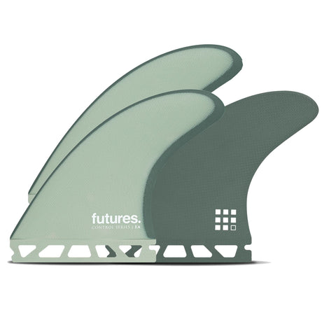 Futures Thruster Fin Set EA Eric Arakawa Control in Grün und Grau, drei Flossen mit strukturiertem Design, Seitenansicht