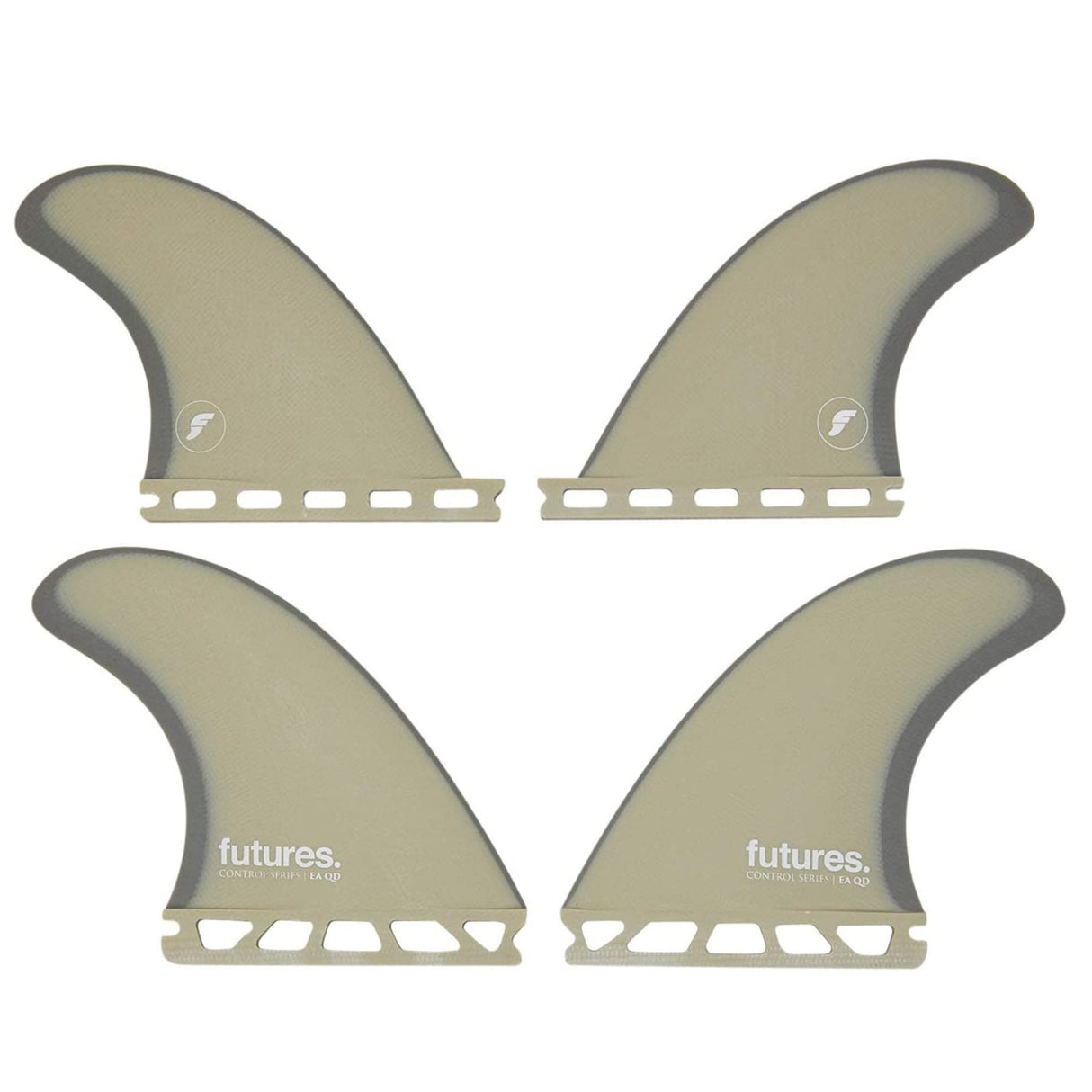 Futures Quad Fin Set EA Eric Arakawa Control vier beige Surfflossen mit grauer Kante, Draufsicht