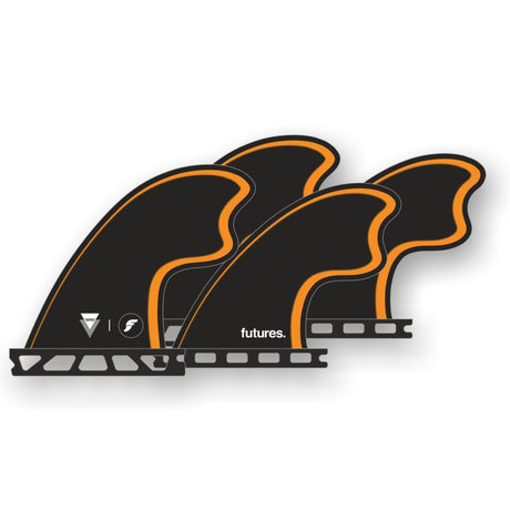 Futures Quad Fin Set Tomo Fiberglass schwarz orange vier Finnen Draufsicht