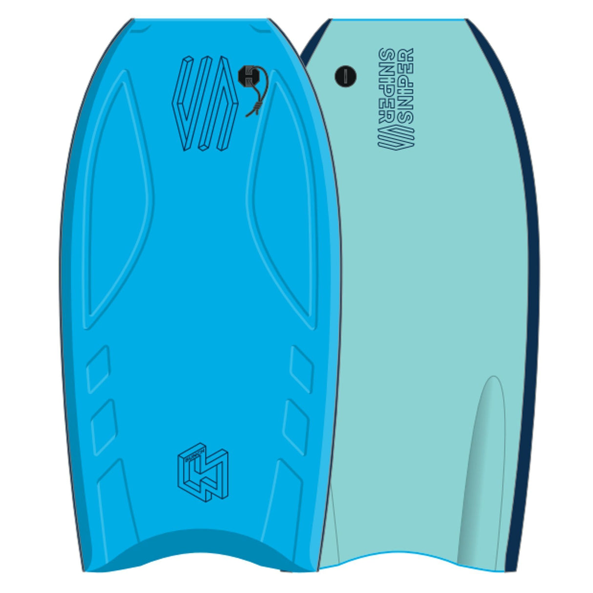 Sniper Bunch II EPS Bodyboard in Blau und Mintgrün, Draufsicht auf Ober- und Unterseite, EPS-Schaumstoff mit strukturiertem Design