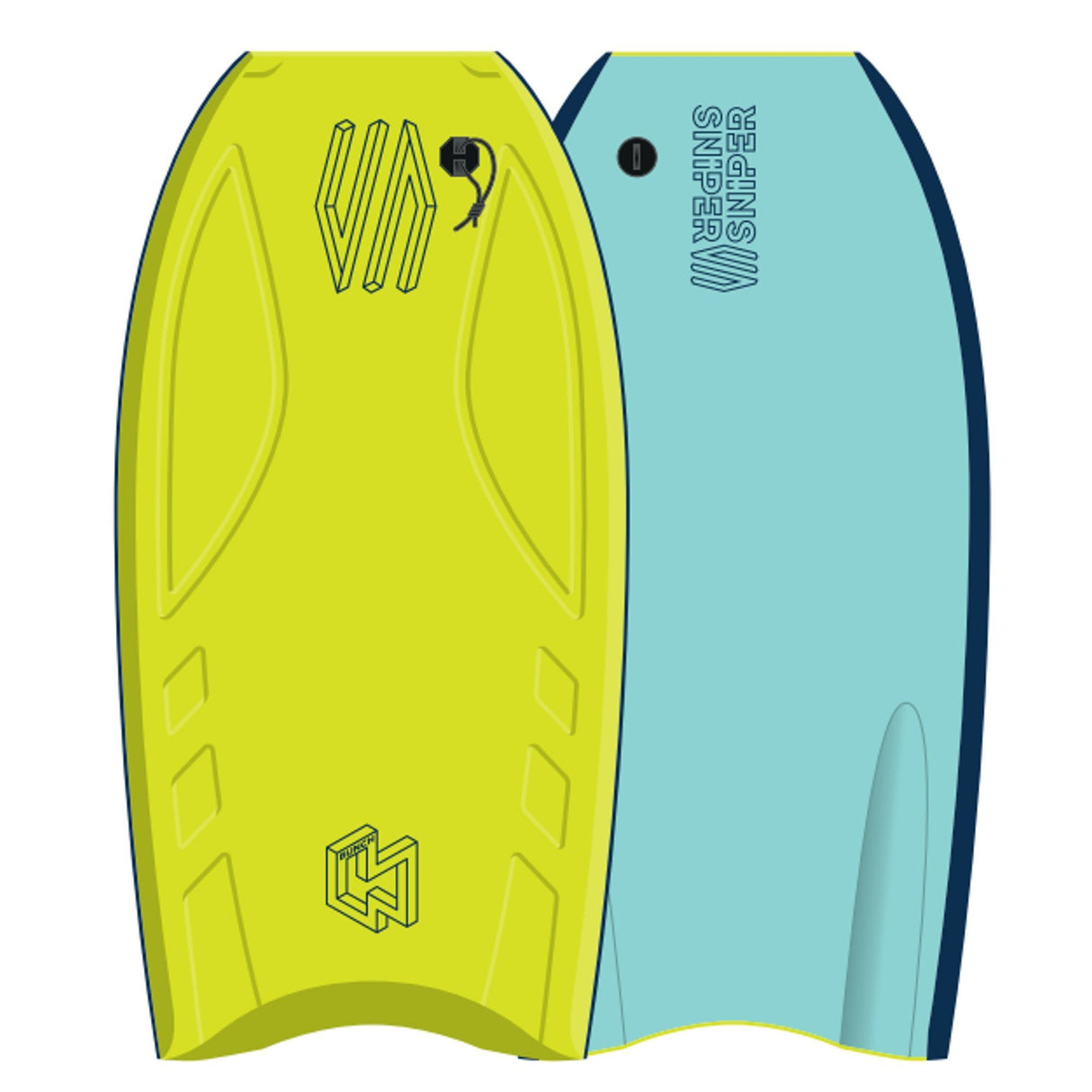 Sniper Bunch II EPS Bodyboard in Neon-Gelb und Hellblau, Draufsicht auf Ober- und Unterseite, EPS-Kern-Material