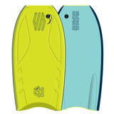 Sniper Bunch II EPS Bodyboard in Neon-Gelb und Hellblau, Draufsicht auf Ober- und Unterseite, EPS-Kern-Material