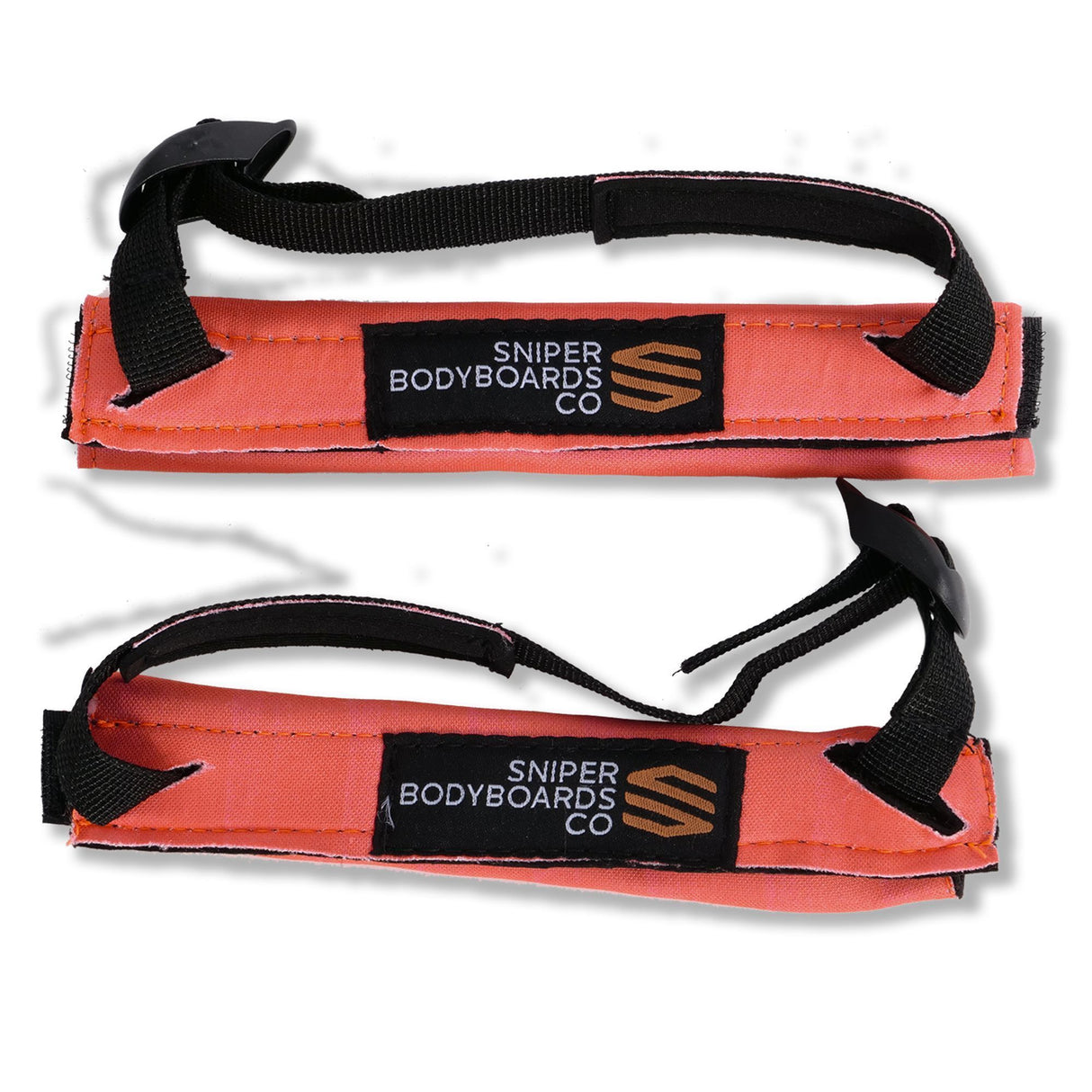 Sniper Bodyboard Fersenpolster rot mit schwarzem Nylon-Gurt und Logo-Label, Frontal- und Seitenansicht
