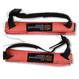 Sniper Bodyboard Fersenpolster rot mit schwarzem Nylon-Gurt und Logo-Label, Frontal- und Seitenansicht