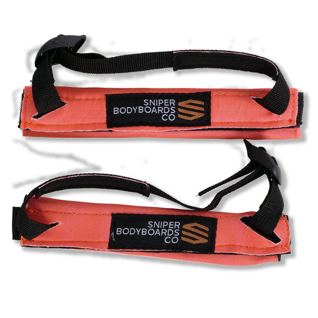 Sniper Bodyboard Fersenpolster rot mit schwarzem Nylon-Gurt und Logo-Label, Frontal- und Seitenansicht