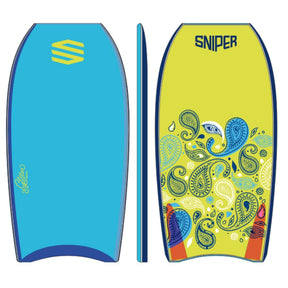 Sniper Girls Cashmeere PE Bodyboard in Blau und Gelb mit Paisley-Muster, drei Ansichten