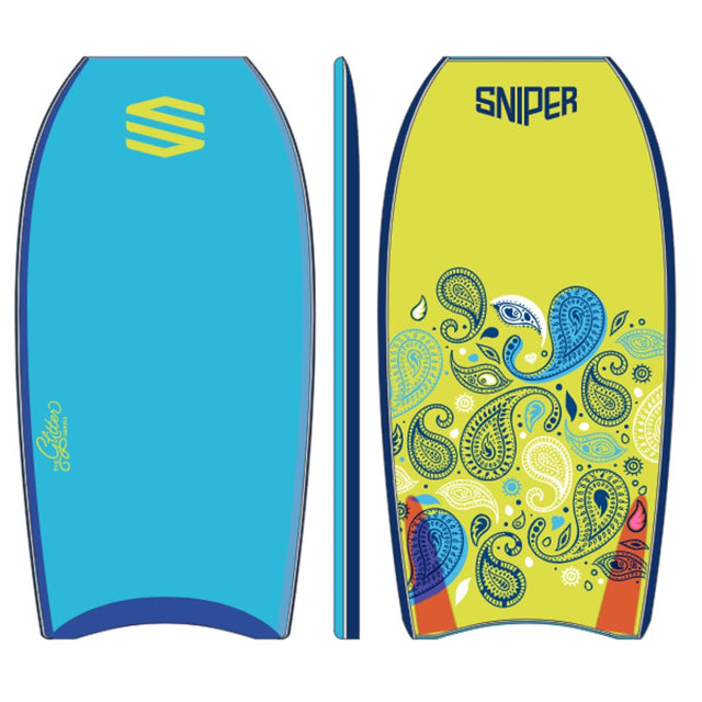 Sniper Girls Cashmeere PE Bodyboard in Blau und Gelb mit Paisley-Muster, drei Ansichten