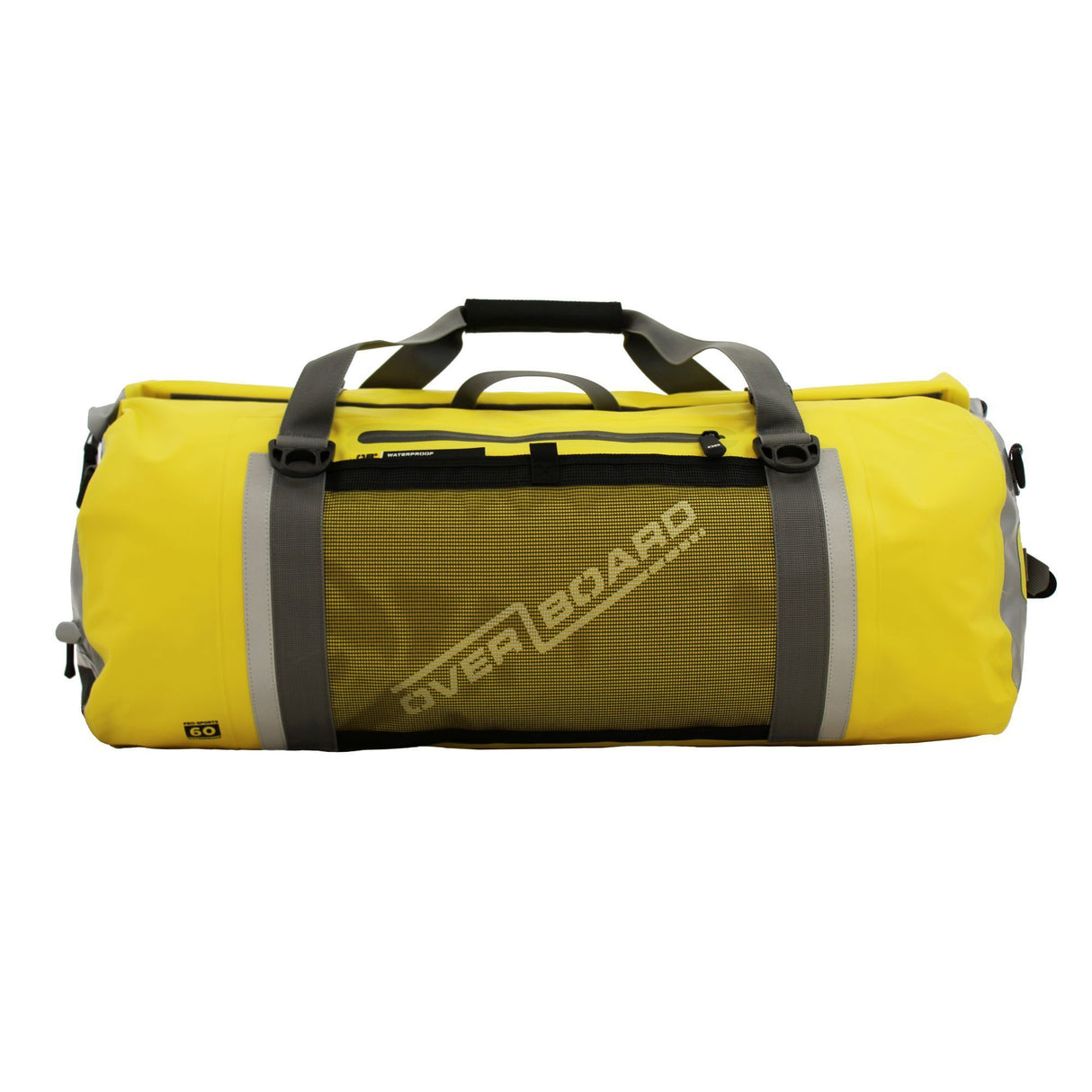 OverBoard Duffel Bag Pro, gelb, wasserdichte Reisetasche mit schwarzen Griffen und Schultergurt, Seitensicht