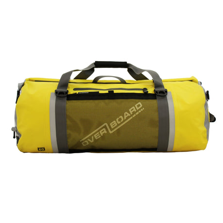 OverBoard Duffel Bag Pro, gelb, wasserdichte Reisetasche mit schwarzen Griffen und Schultergurt, Seitensicht