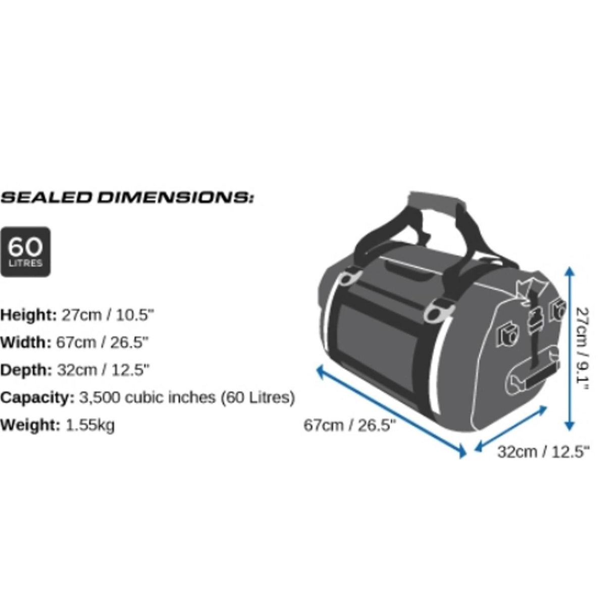OverBoard Duffel Bag Pro 60L schwarz, wasserdichte Reisetasche mit Tragegriffen, Seitentaschen und Abmessungen von 67x27x32cm