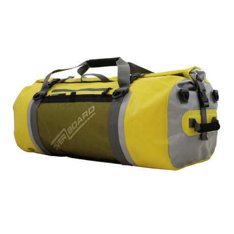 OverBoard Duffel Bag Pro wasserdichte Reisetasche Gelb Grau mit Tragegriffen seitliche Ansicht
