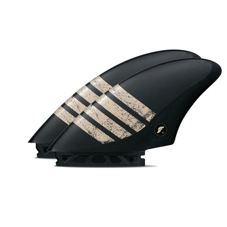 Futures Twin Fin Set K2 Keel Alpha, schwarze Finnen mit beigen Streifen, Seitenansicht