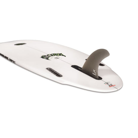 Futures Single Fin Lost Surfboard weiß mit grauer Finne, Seitenansicht