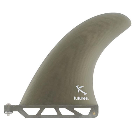 Futures Single Fin Lost Surfboard Finne, grau-grün, Seitenansicht mit Futures-Logo und schwarzer Basis