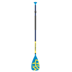 Ariinui SUP Paddel Alu 3-tlg mit blauem Blatt, grauem Schaft und gelbem Design, dreiteilig zerlegbar