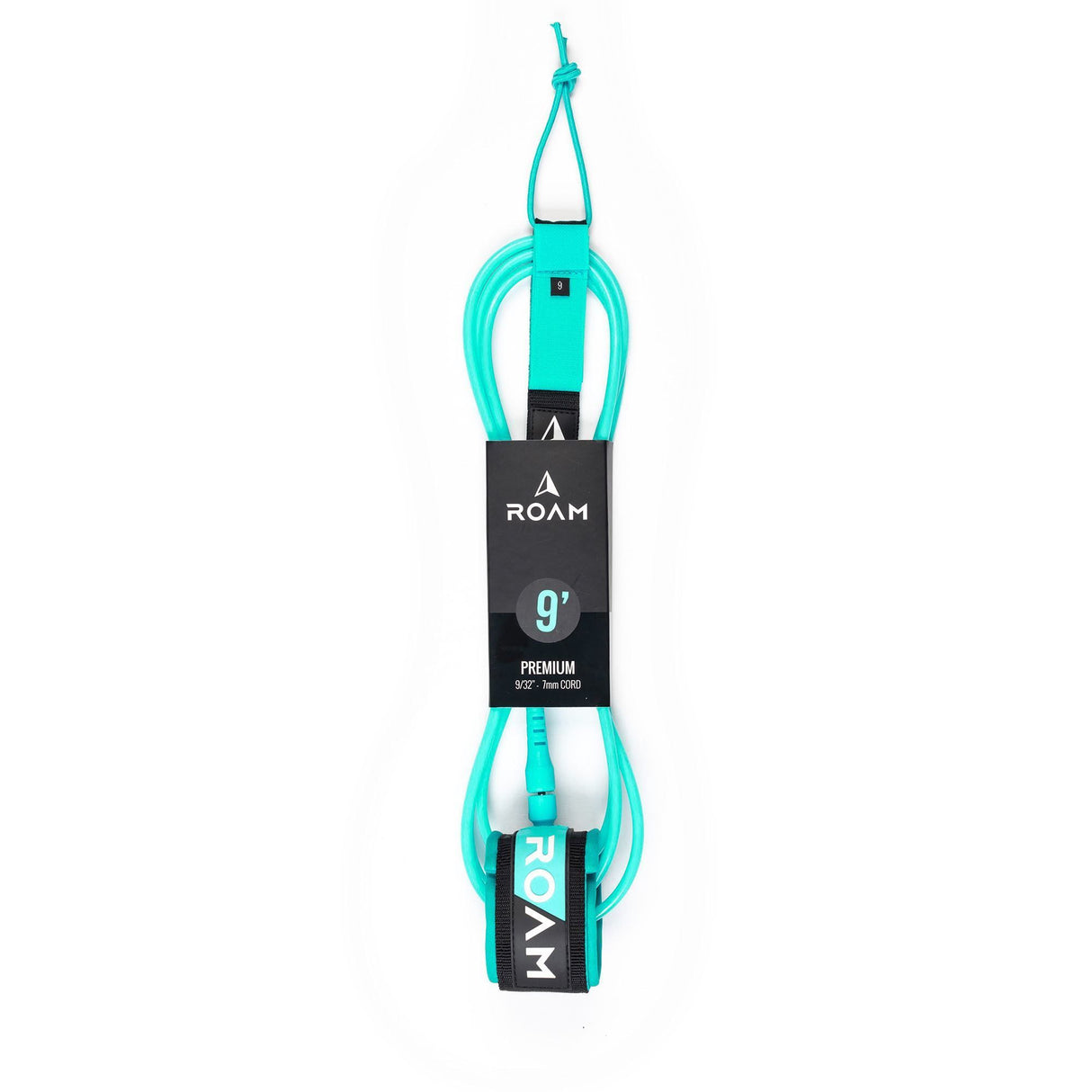 Roam Surfboard Leash Premium in Türkis, 9 Fuß, mit Neopren-Manschette und Befestigungsseil, Frontalansicht