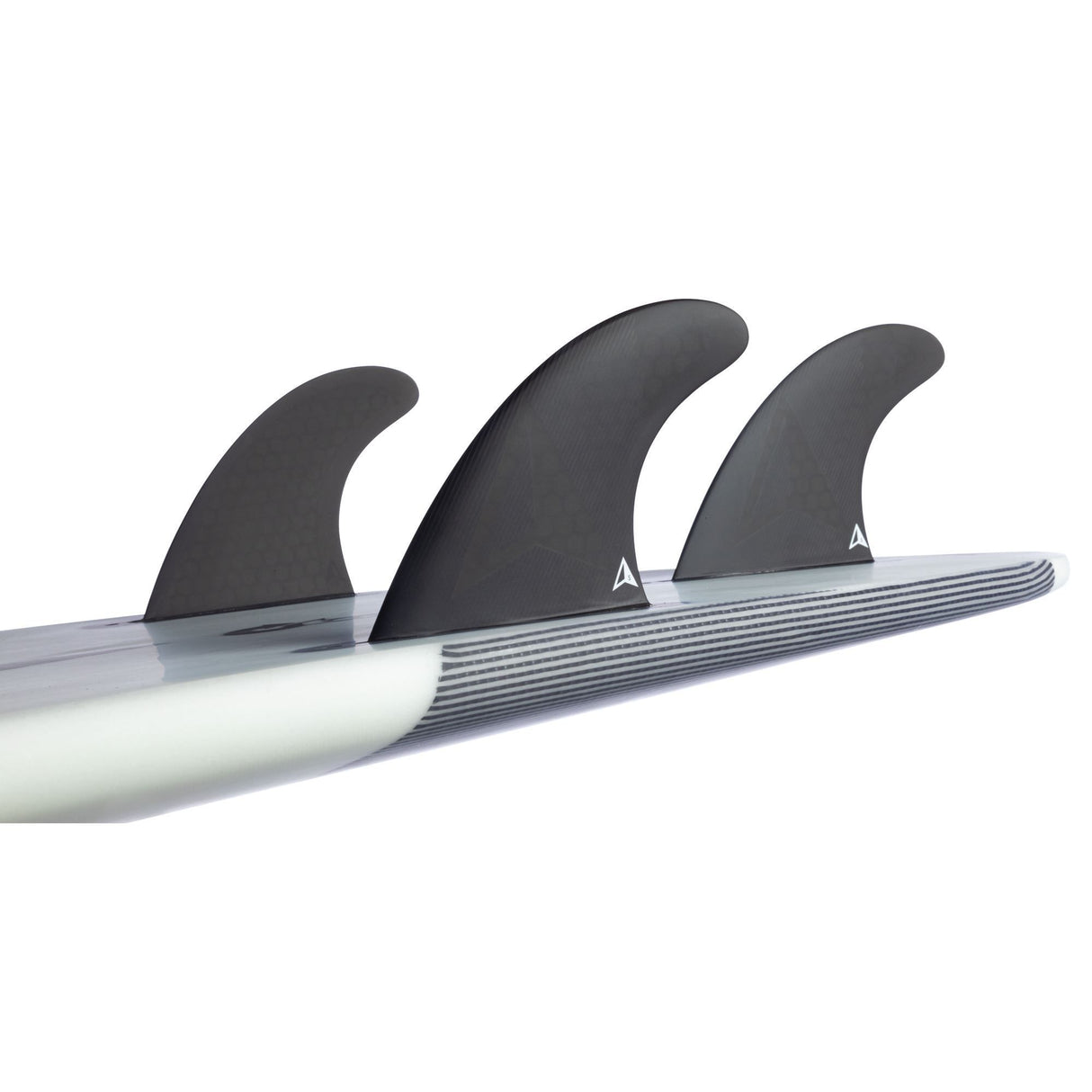Roam Thruster Fin Set Allround Futures, drei schwarze Finnen mit weißem Board, Seitenansicht