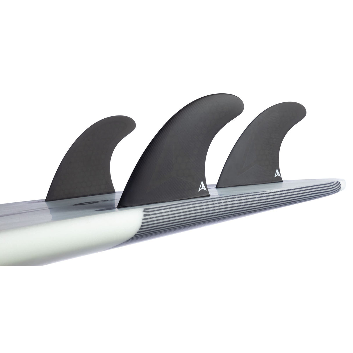 Roam Thruster Fin Set Allround Futures, drei schwarze Finnen mit grauem Baseplate, Seitenansicht