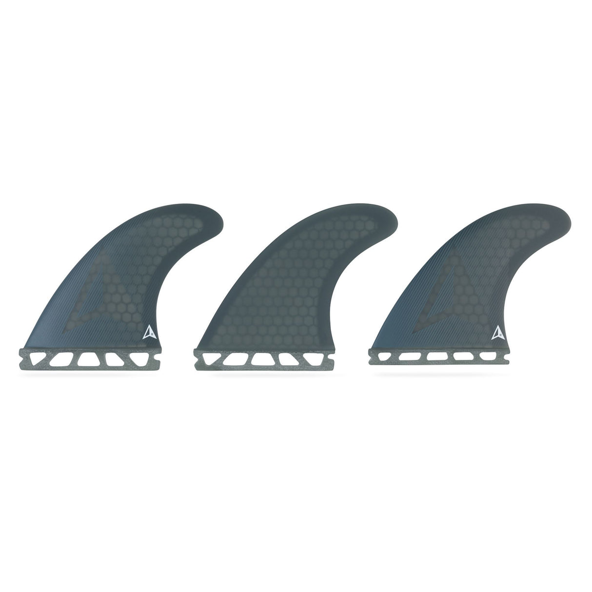 Roam Thruster Fin Set Allround in Grau mit strukturierter Oberfläche, drei Flossen mit Futures-Boxen, Frontalansicht