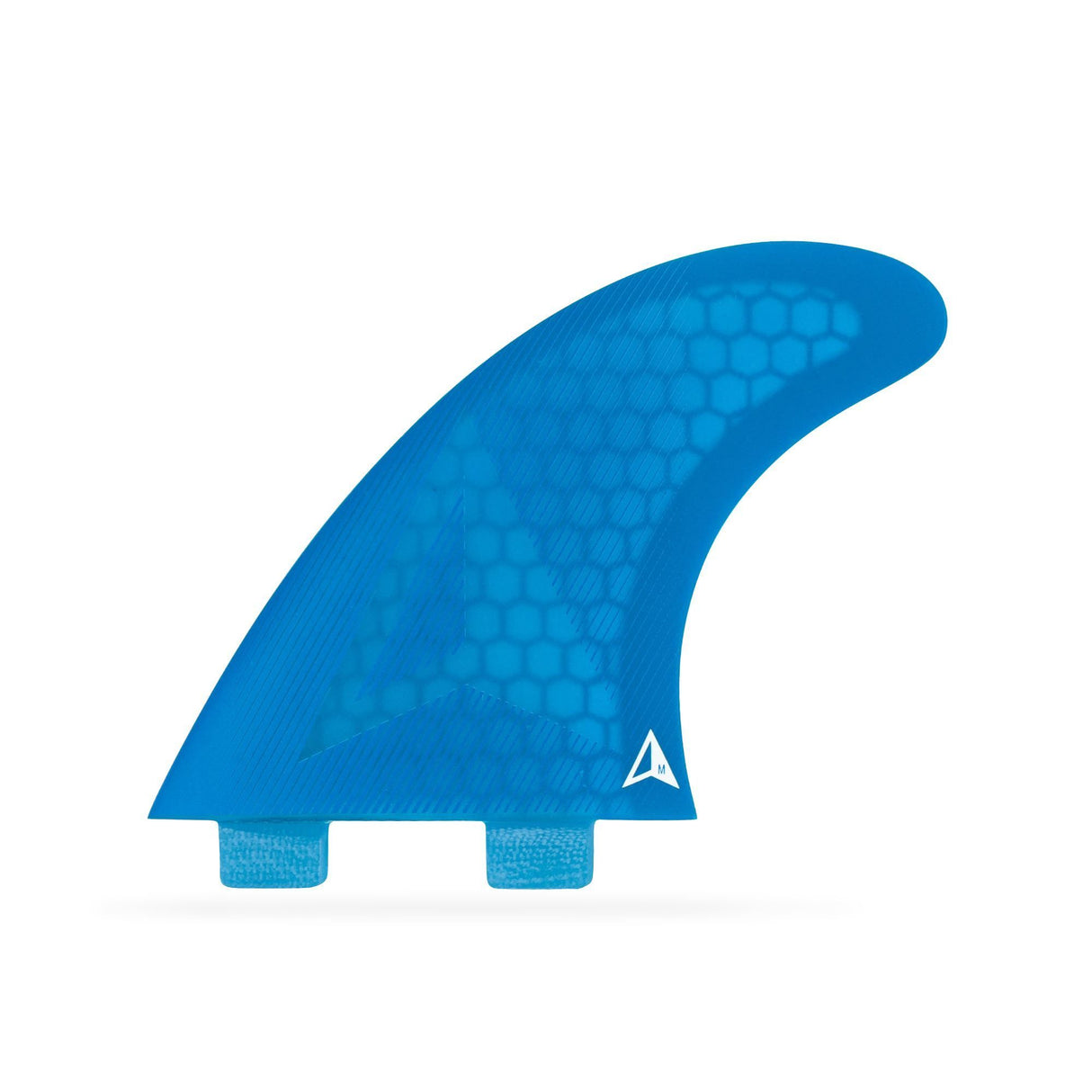 Roam Thruster Fin Set Allround in Blau mit FCS-System, drei Flossen mit strukturierter Oberfläche, Seitenansicht