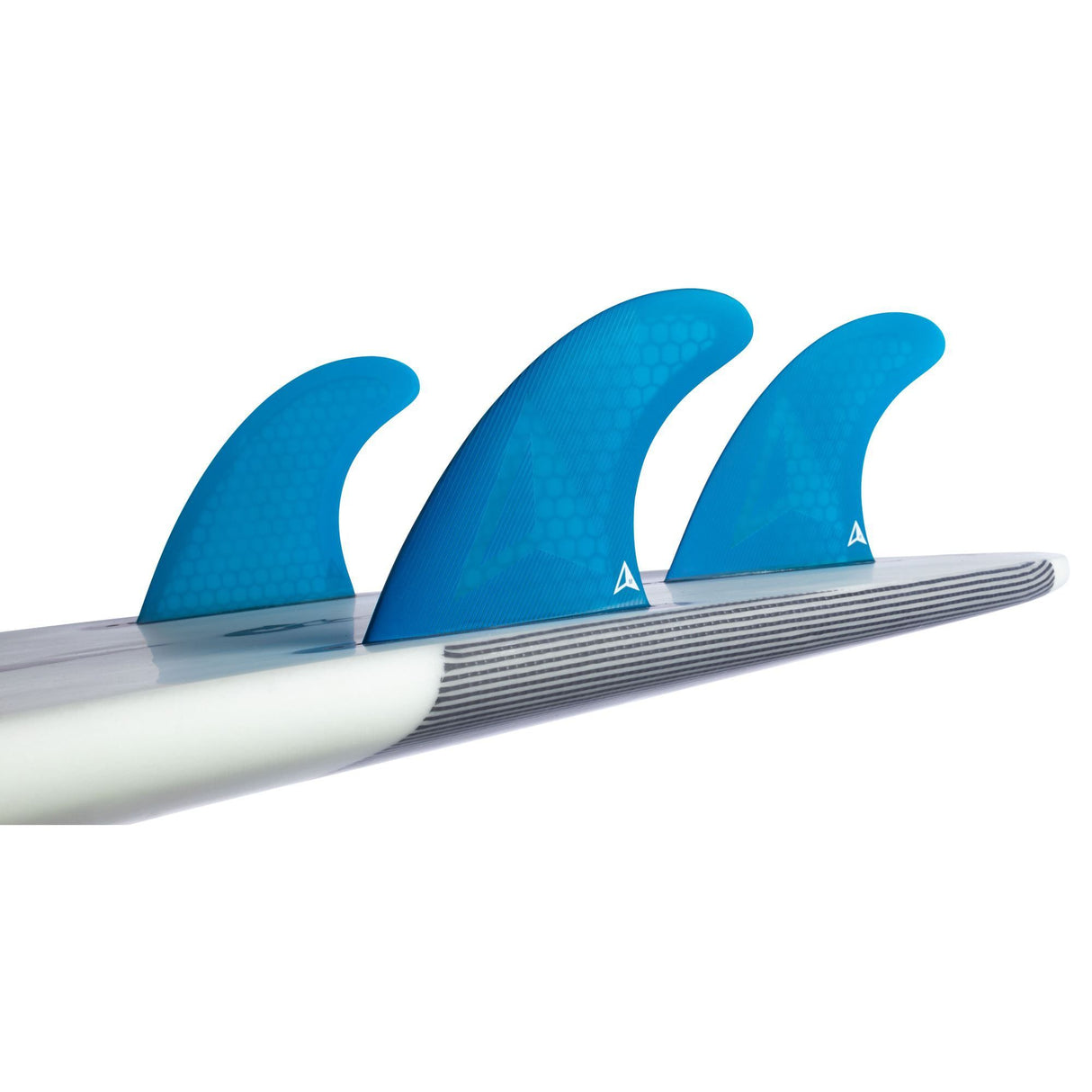 Roam Thruster Fin Set Allround FCS drei blaue Flossen mit weißer Basis, Seitenansicht