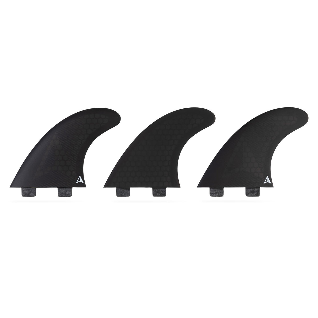 Roam Thruster Fin Set Allround schwarze FCS Finnen Draufsicht, drei Flossen mit FCS-Boxen