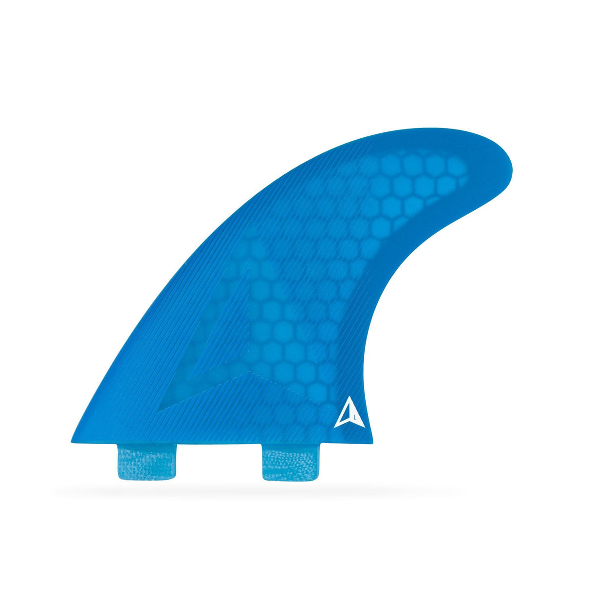 Roam Thruster Fin Set Allround FCS in Blau mit strukturiertem Design, drei Flossen von vorne