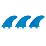 Roam Thruster Fin Set Allround blau mit FCS-Boxen, drei Flossen in Frontalansicht