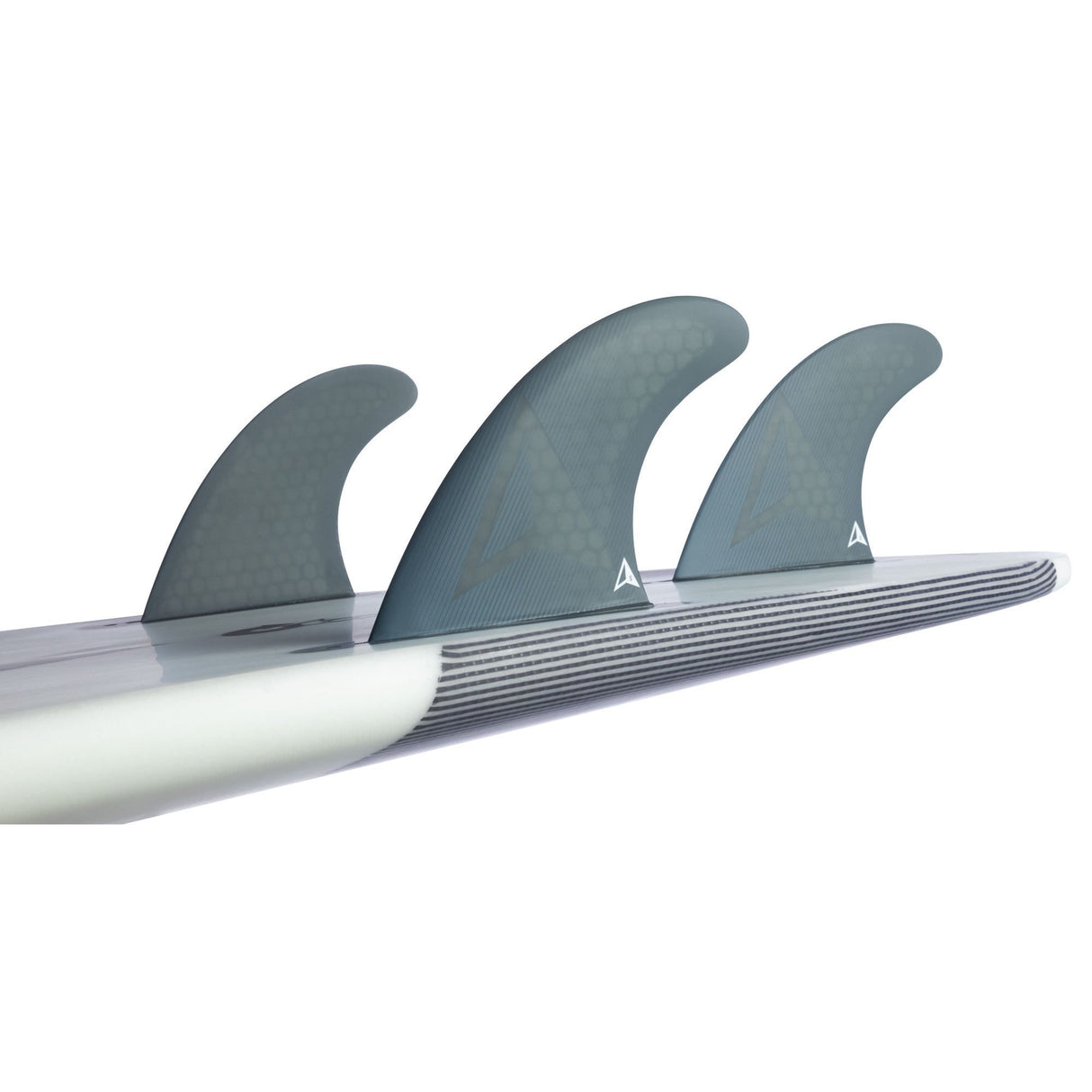 Roam Thruster Fin Set Allround FCS mit drei grauen Flossen und weißer Basis, Seitenansicht
