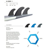 Roam Thruster Fin Set Allround FCS, drei schwarze Surfflossen auf Aluminium-Base, Seitenansicht mit Farbvarianten Schwarz, Blau, Grau