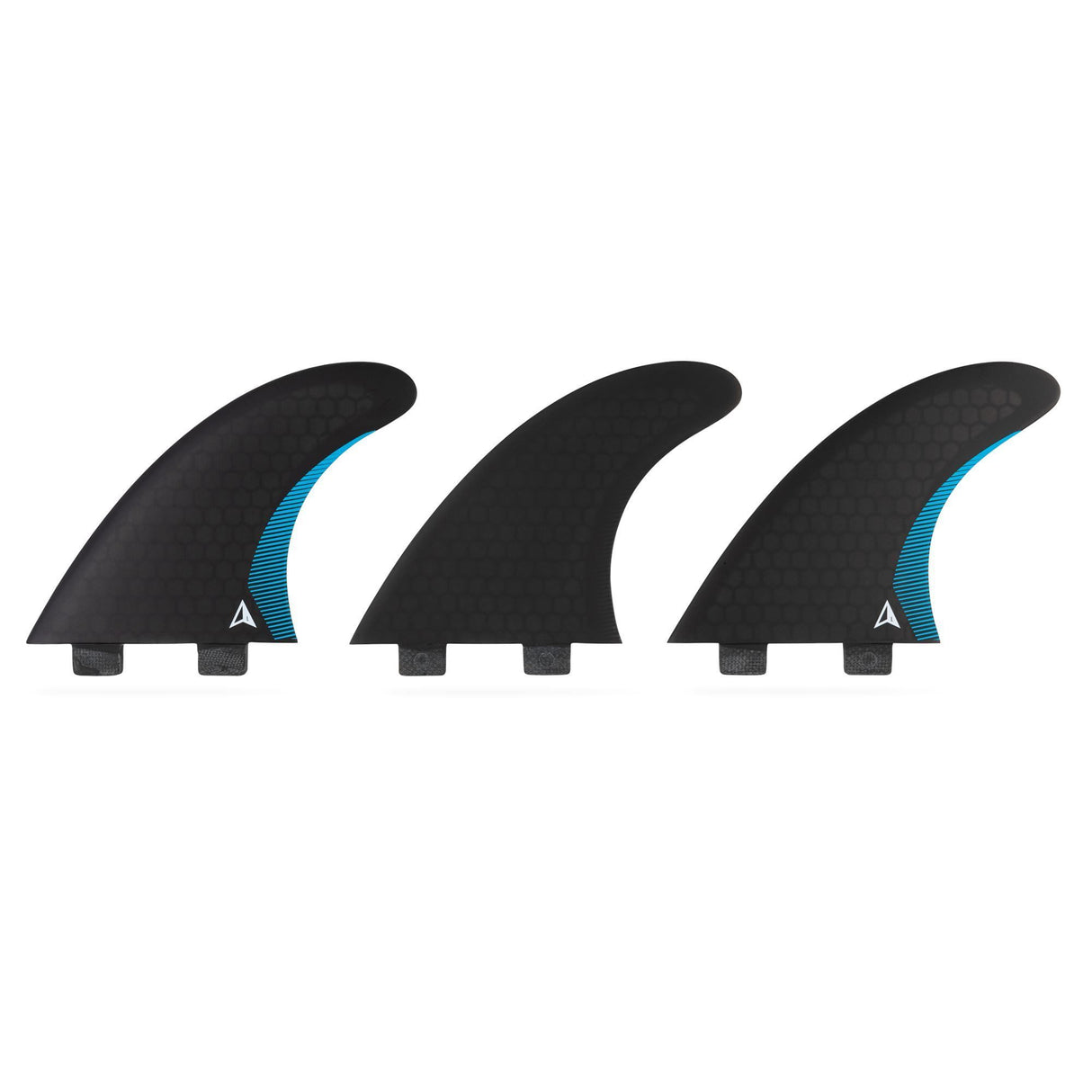 ROAM Thruster Finnensatz Performer two tab, schwarze Flossen mit blauen Details, drei Finnen im Set, Draufsicht