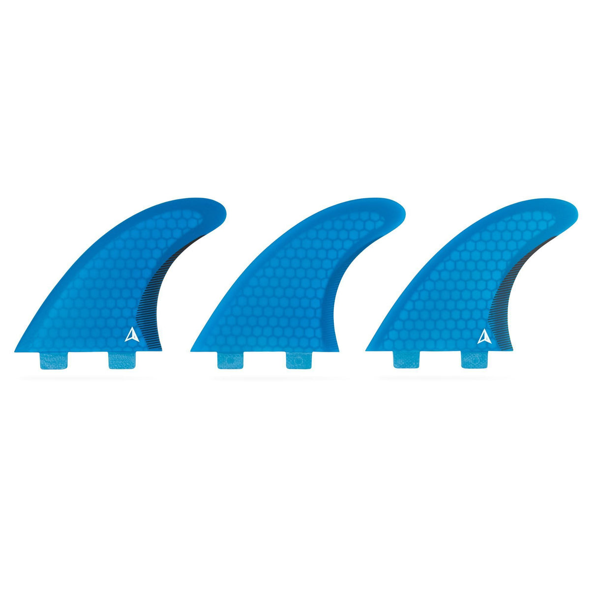 ROAM Thruster Finnensatz Performer two tab, drei blaue Surfflossen mit Two-Tab-Befestigung, Frontansicht