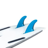 ROAM Quad Rear Finnensatz one tab, blaue Finnen auf weißem Surfboard, Draufsicht