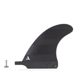 ROAM Surfboard Single Finne US Box, schwarze Flosse mit Riffelprofil, Frontansicht mit Befestigungsschraube
