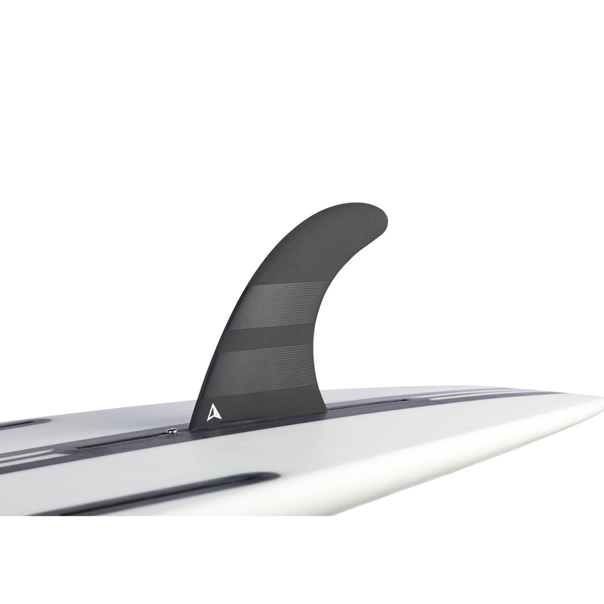 ROAM Surfboard mit Single Finne US Box, weiße und graue Oberseite, schwarze Finne, Seitenansicht