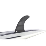 ROAM Surfboard mit Single Finne US Box, weiße und graue Oberseite, schwarze Finne, Seitenansicht